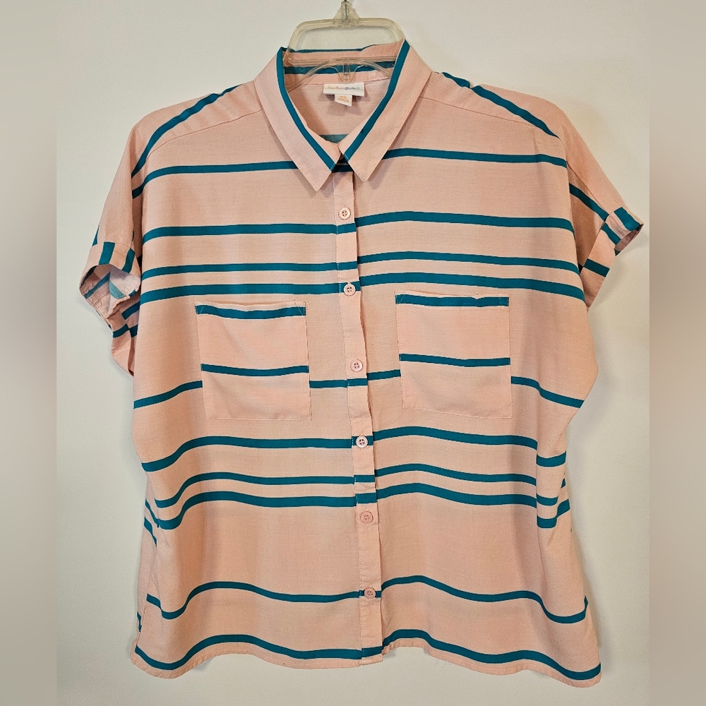 LuLaRoe Pink and Blue Casual Button Down Shirt